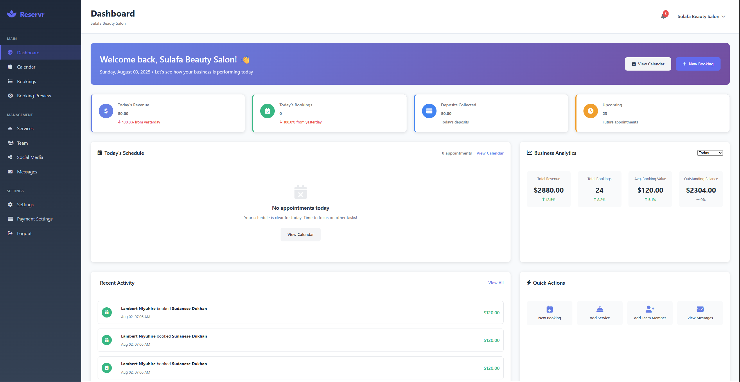 Reservr Dashboard - Modern Beauty Salon Booking System